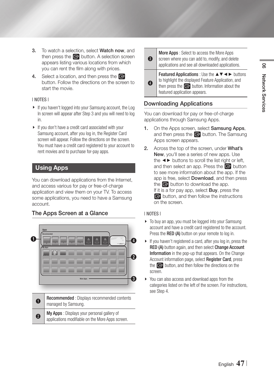 Using apps, The apps screen at a glance, Downloading applications | Samsung BD-F6700-ZA User Manual | Page 47 / 69