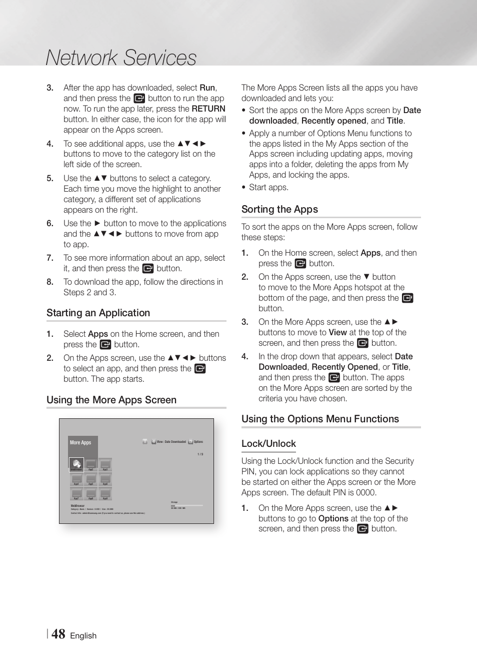 Starting an application, Using the more apps screen, Sorting the apps | Using the options menu functions, Network services, Lock/unlock | Samsung BD-F6700-ZA User Manual | Page 48 / 69