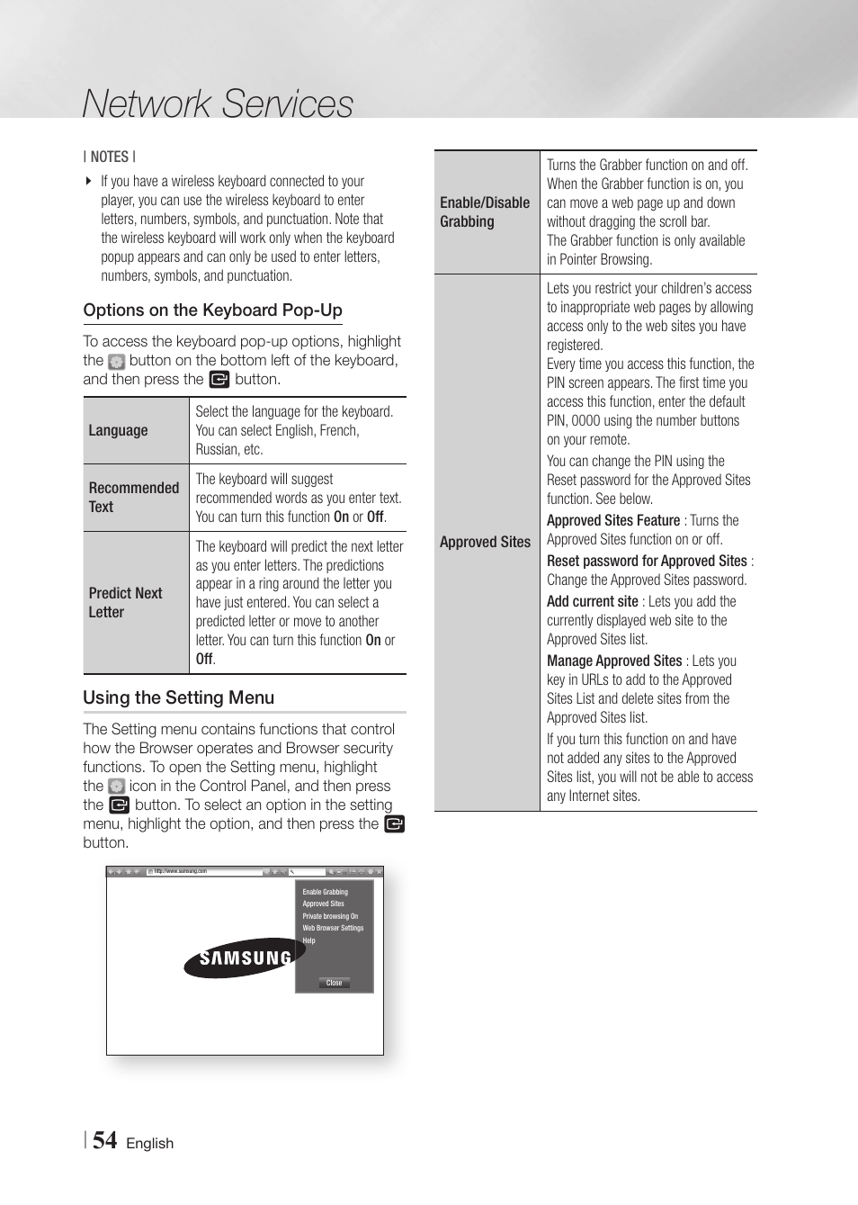 Using the setting menu, Network services | Samsung BD-F6700-ZA User Manual | Page 54 / 69