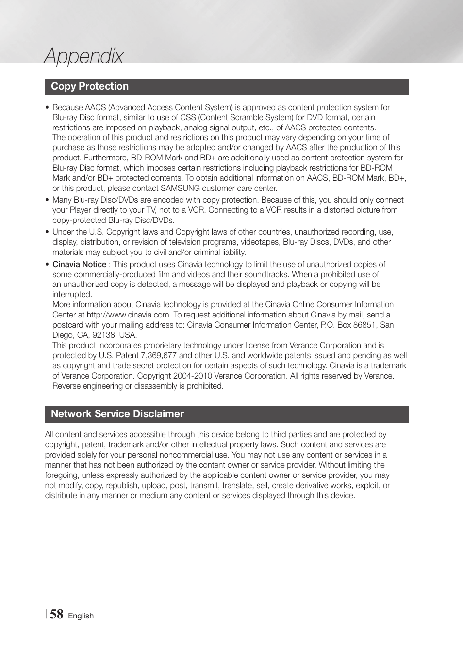 Copy protection, Network service disclaimer, Appendix | Samsung BD-F6700-ZA User Manual | Page 58 / 69