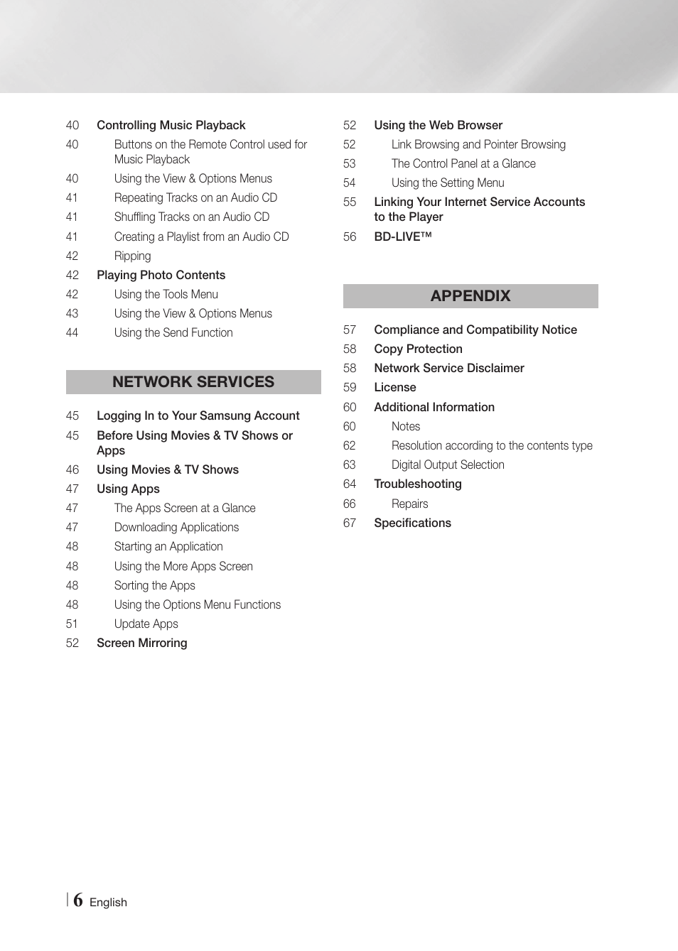 Network services, Appendix | Samsung BD-F6700-ZA User Manual | Page 6 / 69