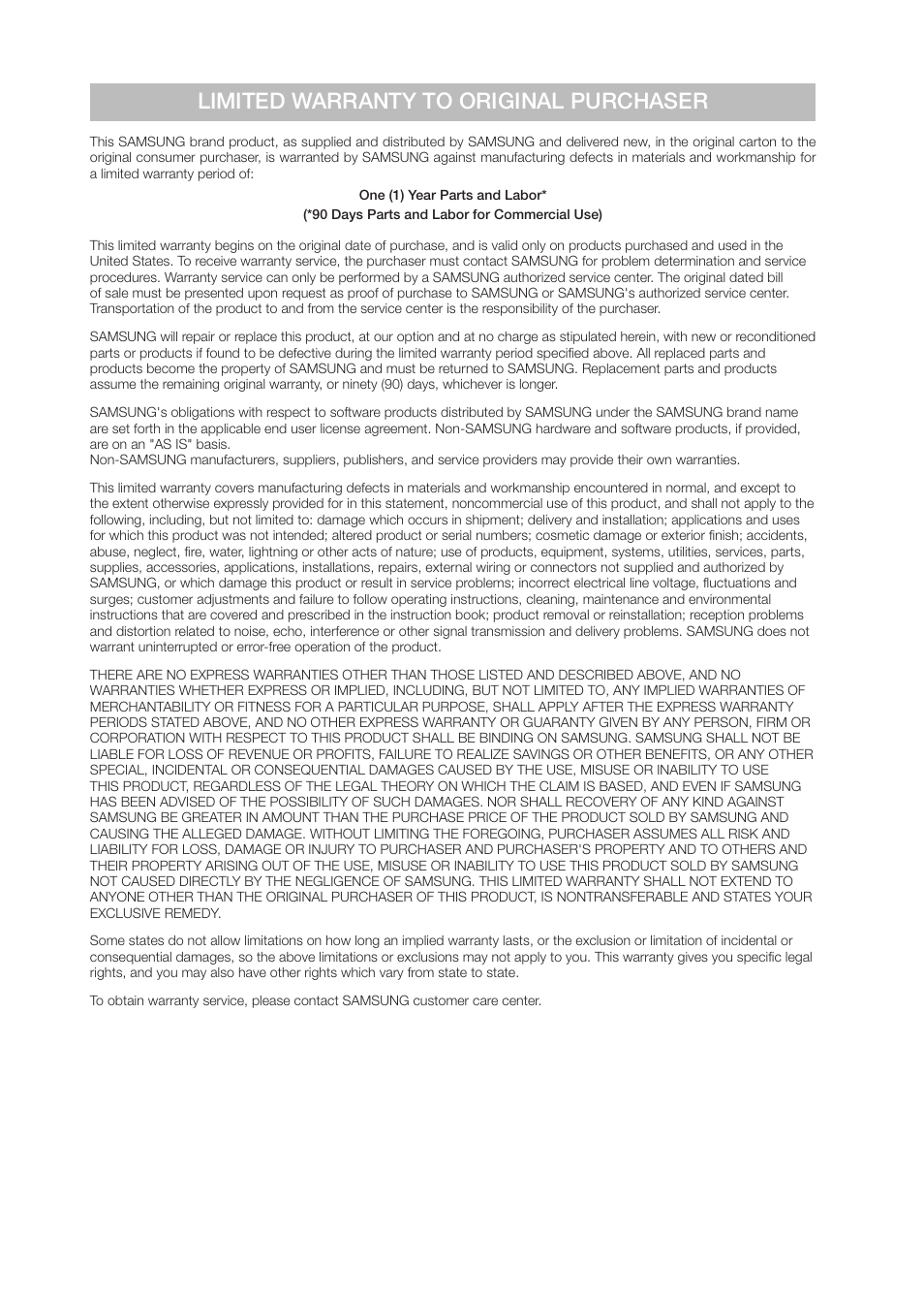 Limited warranty to original purchaser | Samsung BD-F6700-ZA User Manual | Page 68 / 69