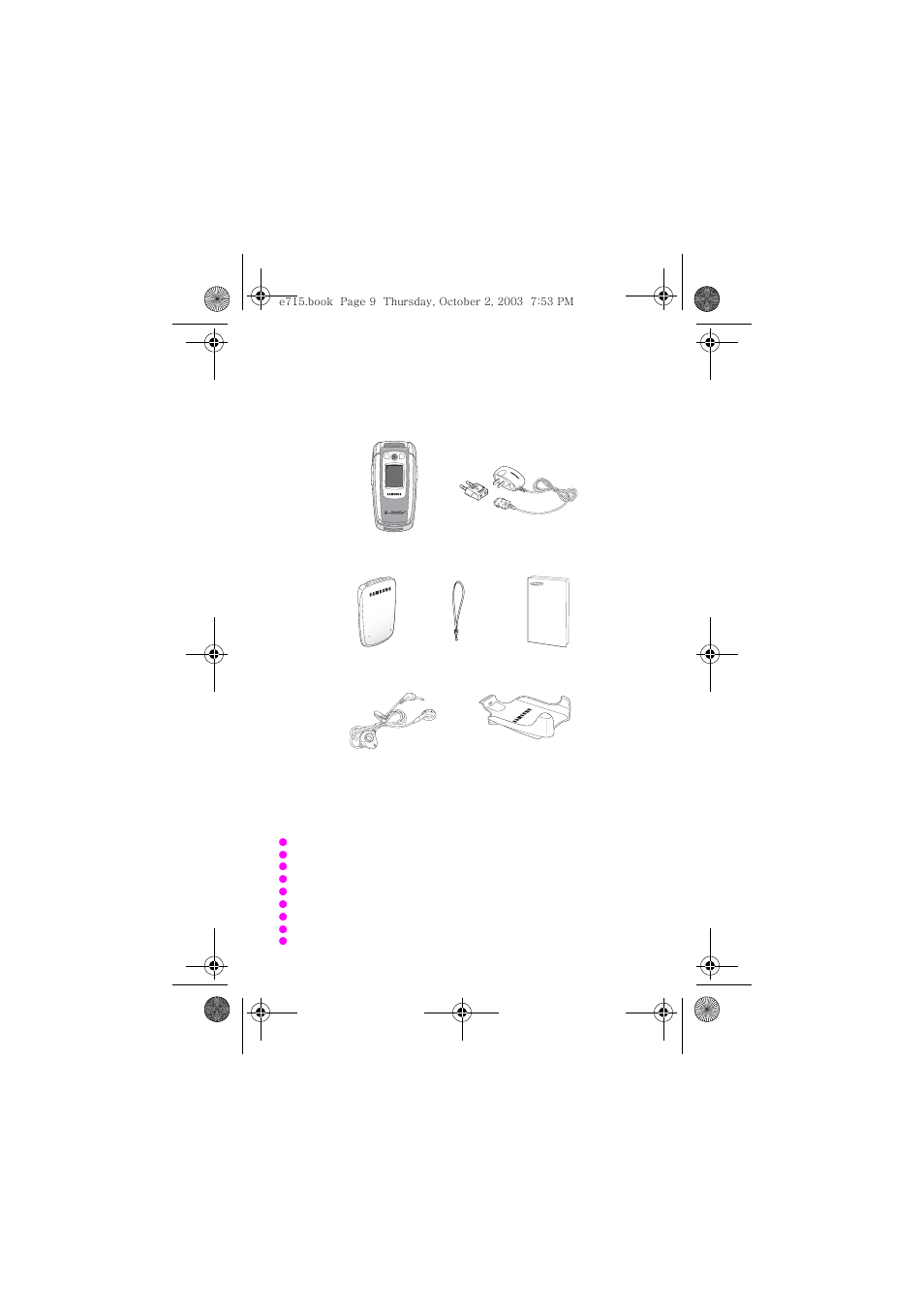 Travel adapter, Handset, Battery | User manual, Ear-microphone, Holster, Hand strap, Unpacking | Samsung SGH-E715EAATMB User Manual | Page 13 / 164