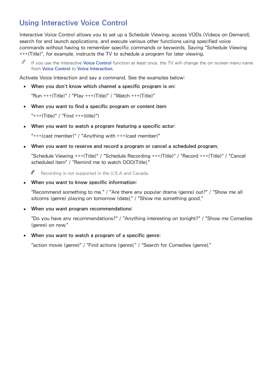 103 using interactive voice control, Using interactive voice control | Samsung UN65H8000AFXZA User Manual | Page 109 / 230