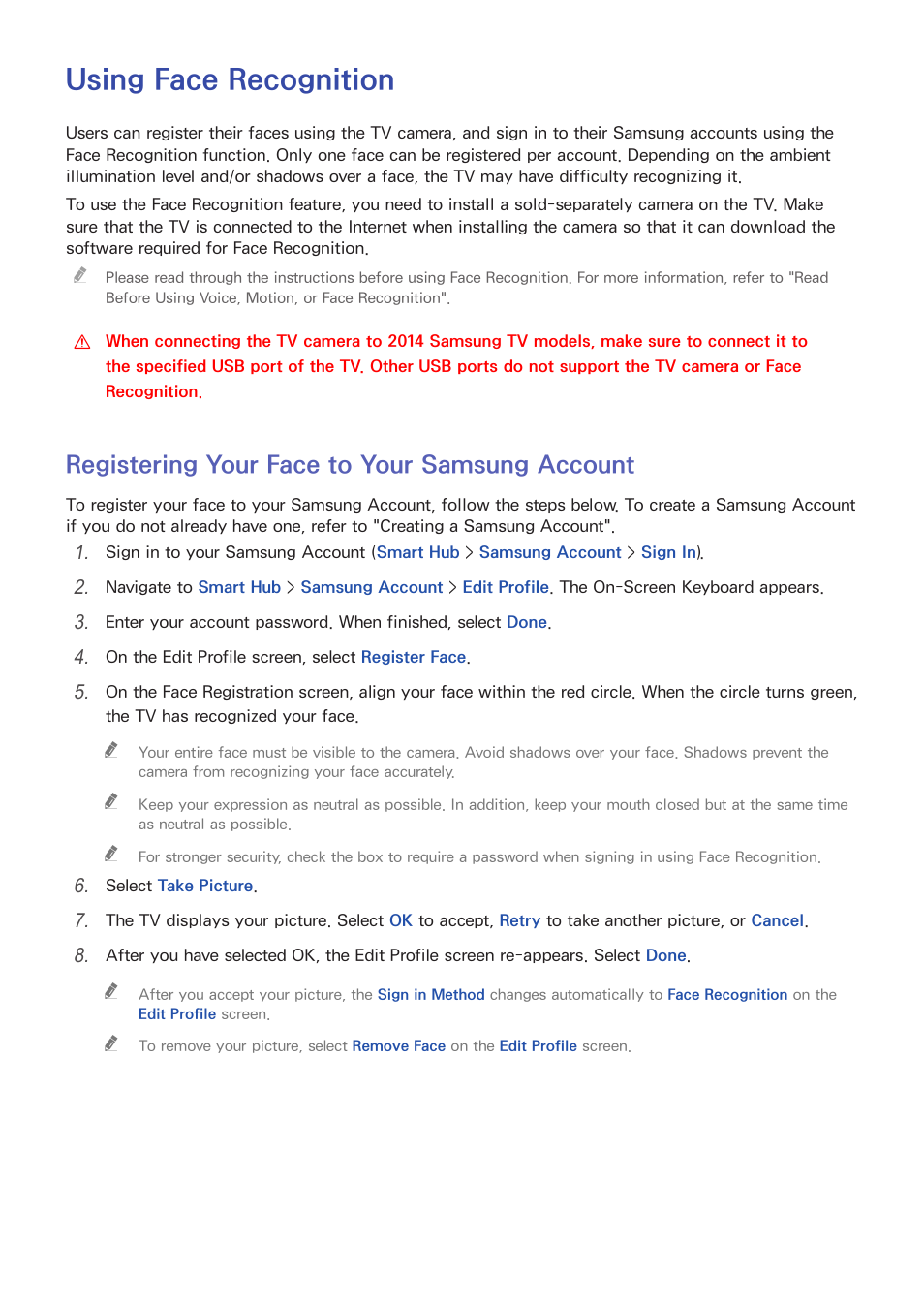 Using face recognition, 111 registering your face to your samsung account, Registering your face to your samsung account | Samsung UN65H8000AFXZA User Manual | Page 117 / 230