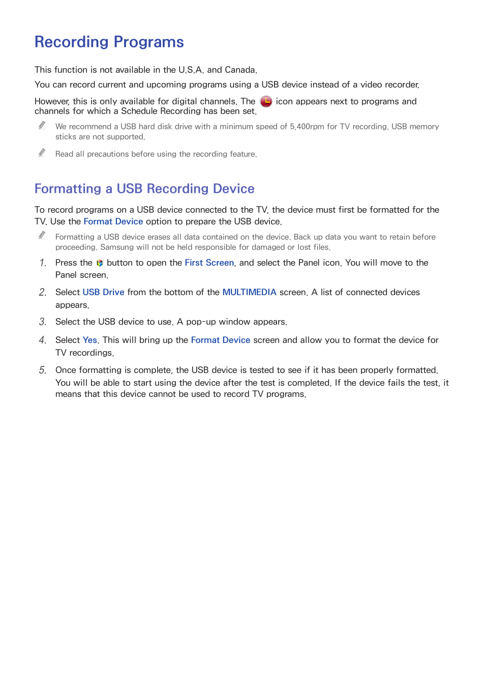 Recording programs, 116 formatting a usb recording device, Formatting a usb recording device | Samsung UN65H8000AFXZA User Manual | Page 122 / 230