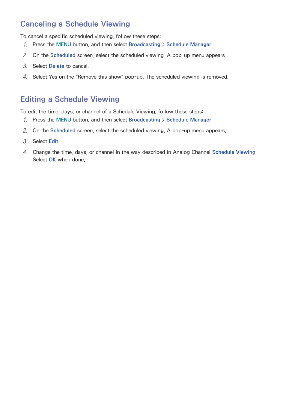 127 canceling a schedule viewing, 127 editing a schedule viewing, Canceling a schedule viewing | Editing a schedule viewing | Samsung UN65H8000AFXZA User Manual | Page 133 / 230