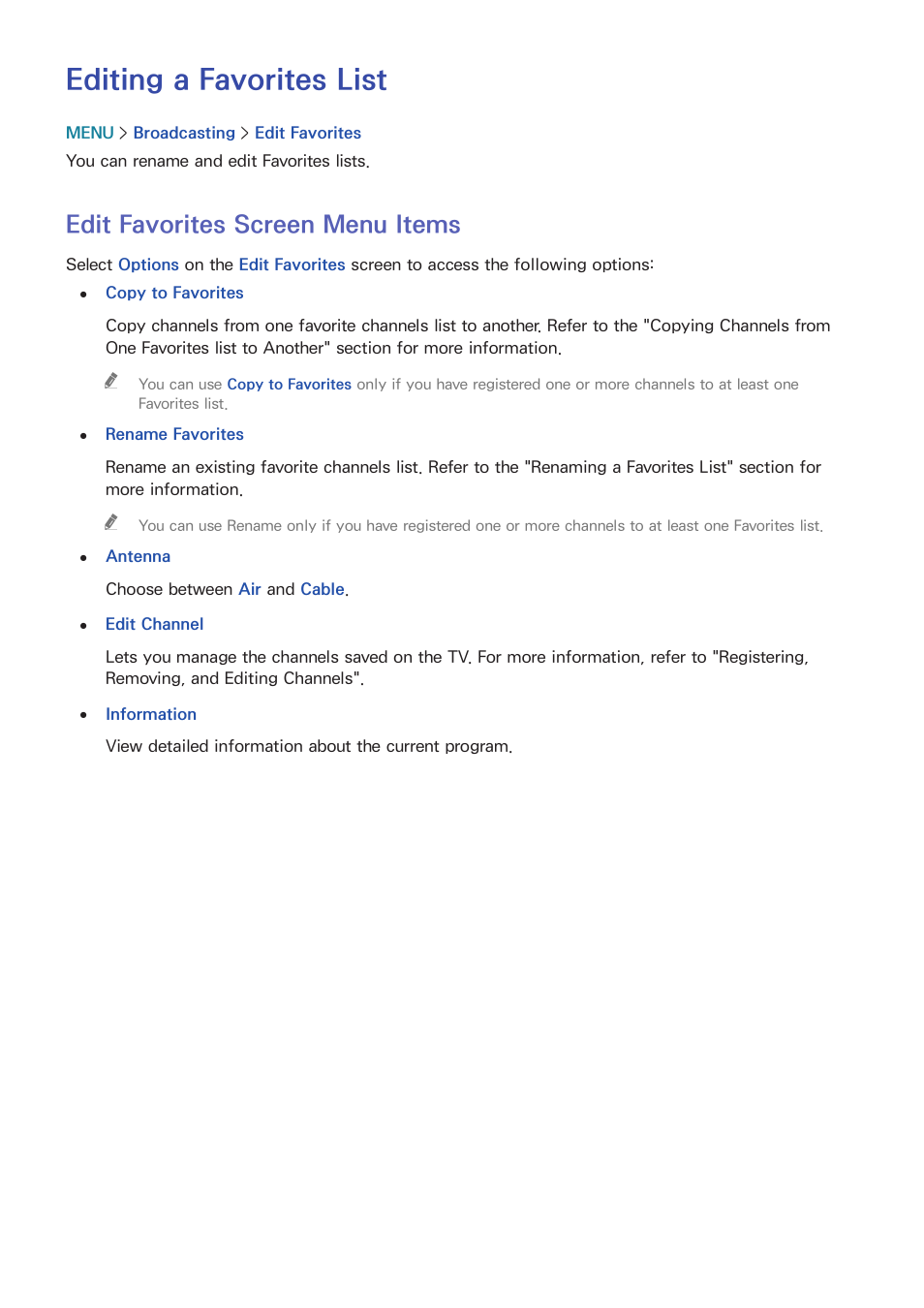 Editing a favorites list, 137 edit favorites screen menu items, Edit favorites screen menu items | Samsung UN65H8000AFXZA User Manual | Page 143 / 230