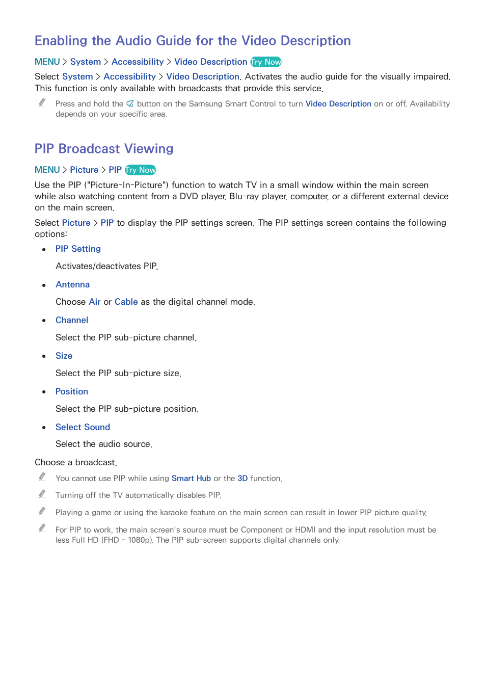 145 pip broadcast viewing, Enabling the audio guide for the video description, Pip broadcast viewing | Samsung UN65H8000AFXZA User Manual | Page 151 / 230