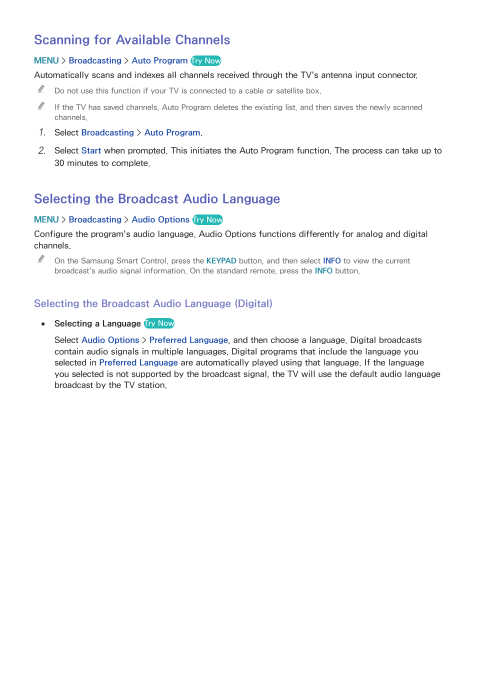 146 scanning for available channels, 146 selecting the broadcast audio language, Scanning for available channels | Selecting the broadcast audio language | Samsung UN65H8000AFXZA User Manual | Page 152 / 230