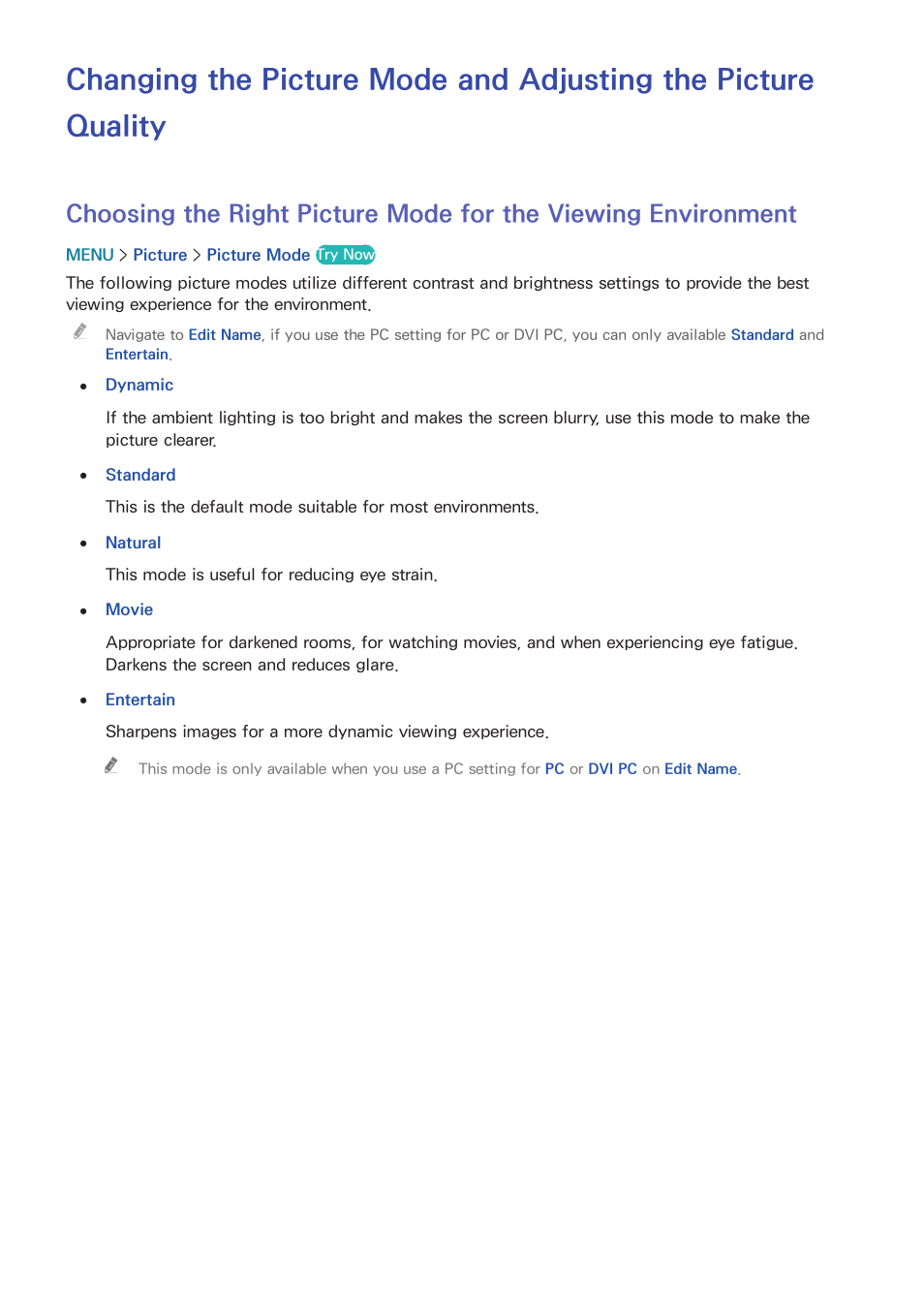 Picture and sound settings, Environment | Samsung UN65H8000AFXZA User Manual | Page 154 / 230