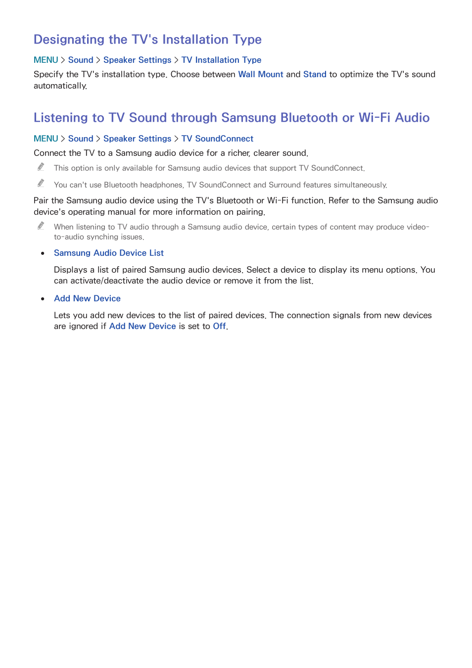 164 designating the tv's installation type, Wi-fi audio, Designating the tv's installation type | Samsung UN65H8000AFXZA User Manual | Page 170 / 230