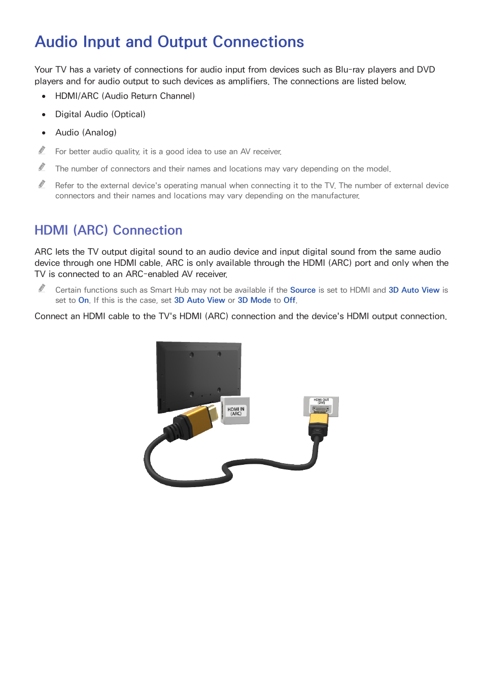 Audio input and output connections, Hdmi (arc) connection | Samsung UN65H8000AFXZA User Manual | Page 18 / 230