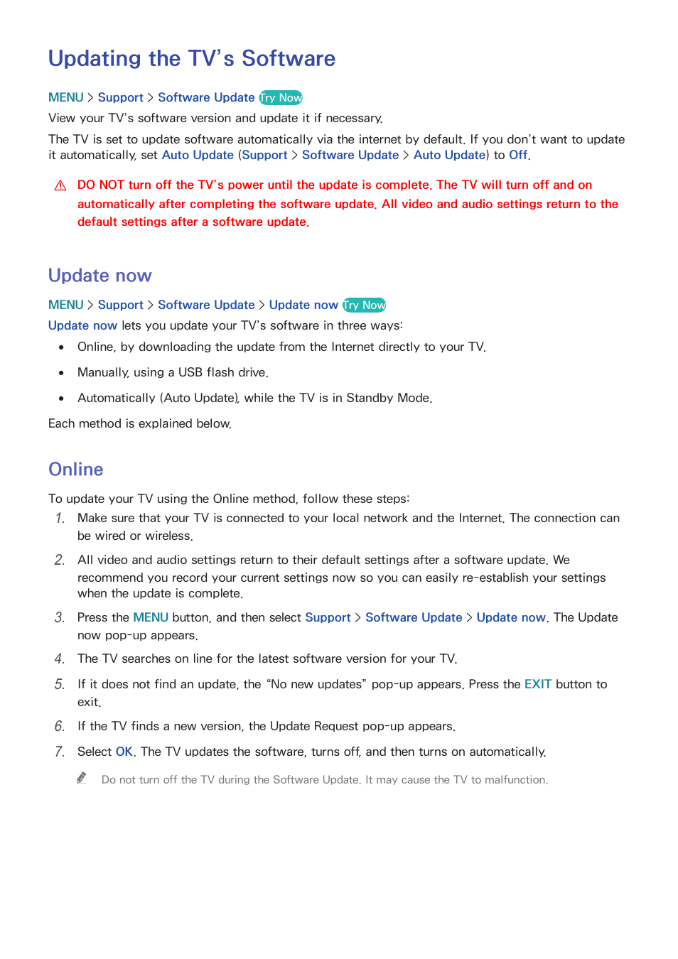 Updating the tv’s software, 174 update now, 174 online | Update now, Online | Samsung UN65H8000AFXZA User Manual | Page 180 / 230