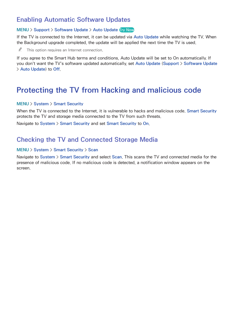 176 enabling automatic software updates, Protecting the tv from hacking and malicious code, 176 checking the tv and connected storage media | Enabling automatic software updates, Checking the tv and connected storage media | Samsung UN65H8000AFXZA User Manual | Page 182 / 230
