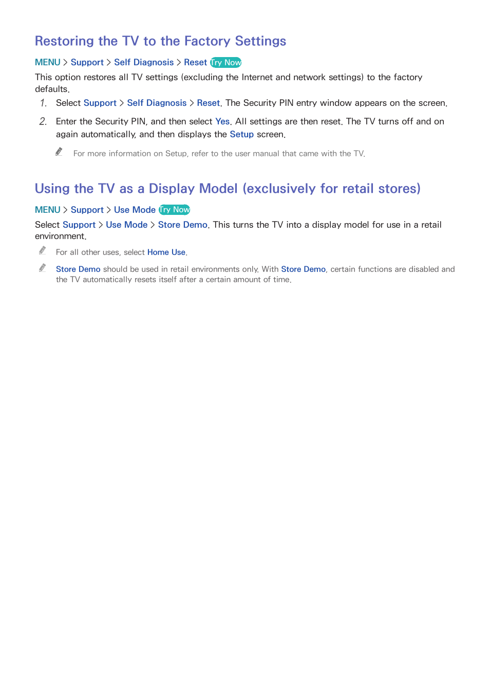 184 restoring the tv to the factory settings, Stores), Restoring the tv to the factory settings | Samsung UN65H8000AFXZA User Manual | Page 190 / 230