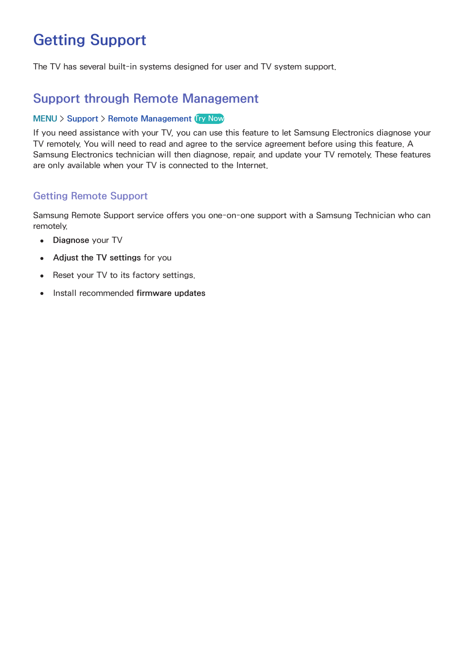 Troubleshooting, Getting support, 185 support through remote management | Support through remote management | Samsung UN65H8000AFXZA User Manual | Page 191 / 230