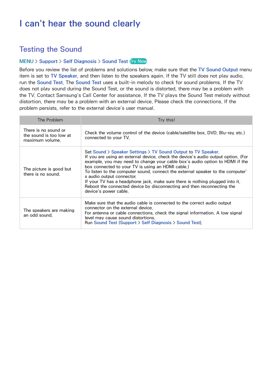 I can't hear the sound clearly, 189 testing the sound, Testing the sound | Samsung UN65H8000AFXZA User Manual | Page 195 / 230