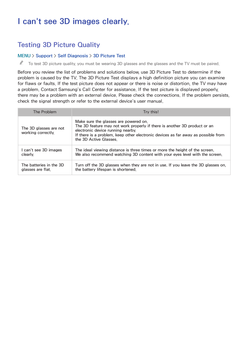 I can't see 3d images clearly, 190 testing 3d picture quality, Testing 3d picture quality | Samsung UN65H8000AFXZA User Manual | Page 196 / 230