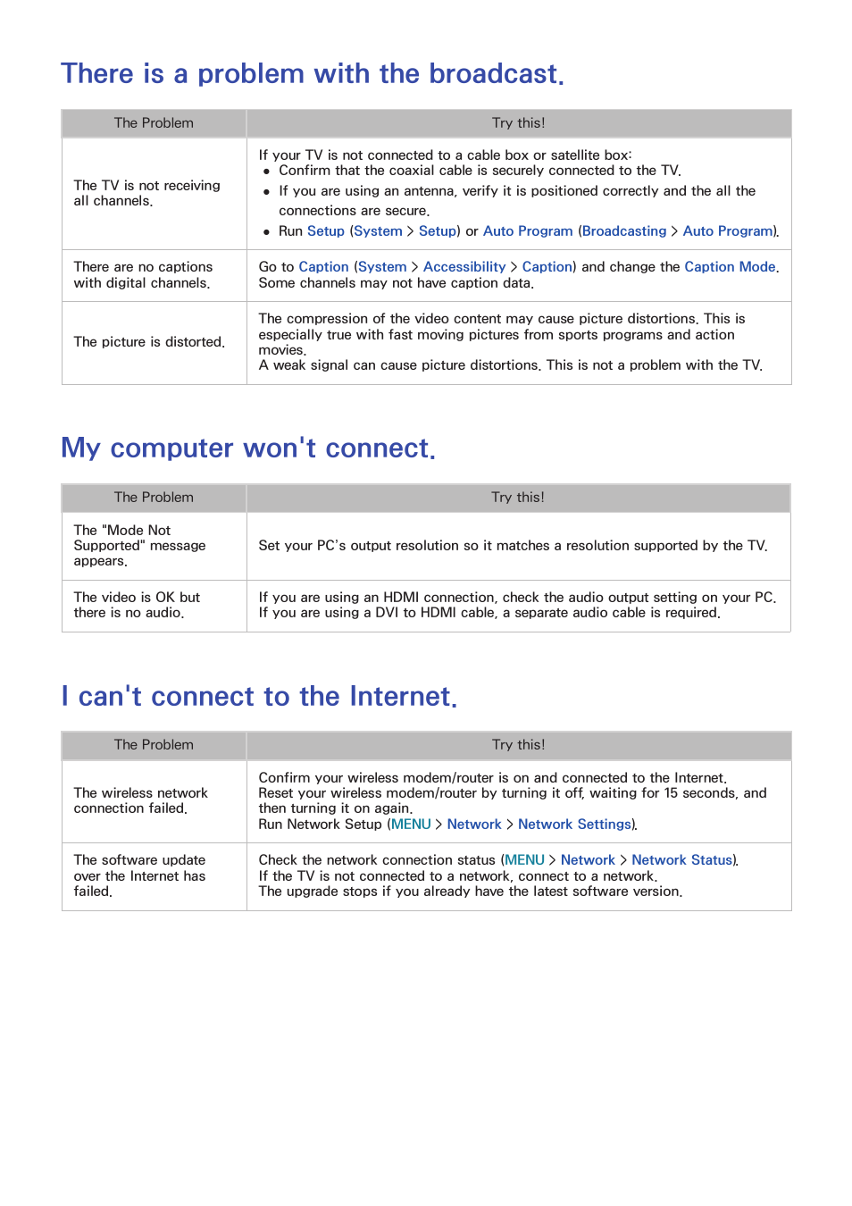 There is a problem with the broadcast, My computer won't connect, I can't connect to the internet | Samsung UN65H8000AFXZA User Manual | Page 197 / 230