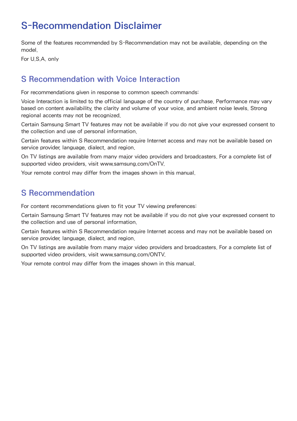 S-recommendation disclaimer, 202 s recommendation with voice interaction, 202 s recommendation | S recommendation with voice interaction, S recommendation | Samsung UN65H8000AFXZA User Manual | Page 208 / 230