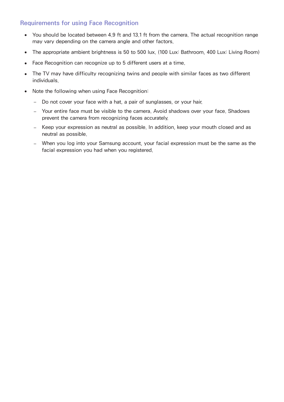 Requirements for using face recognition | Samsung UN65H8000AFXZA User Manual | Page 214 / 230