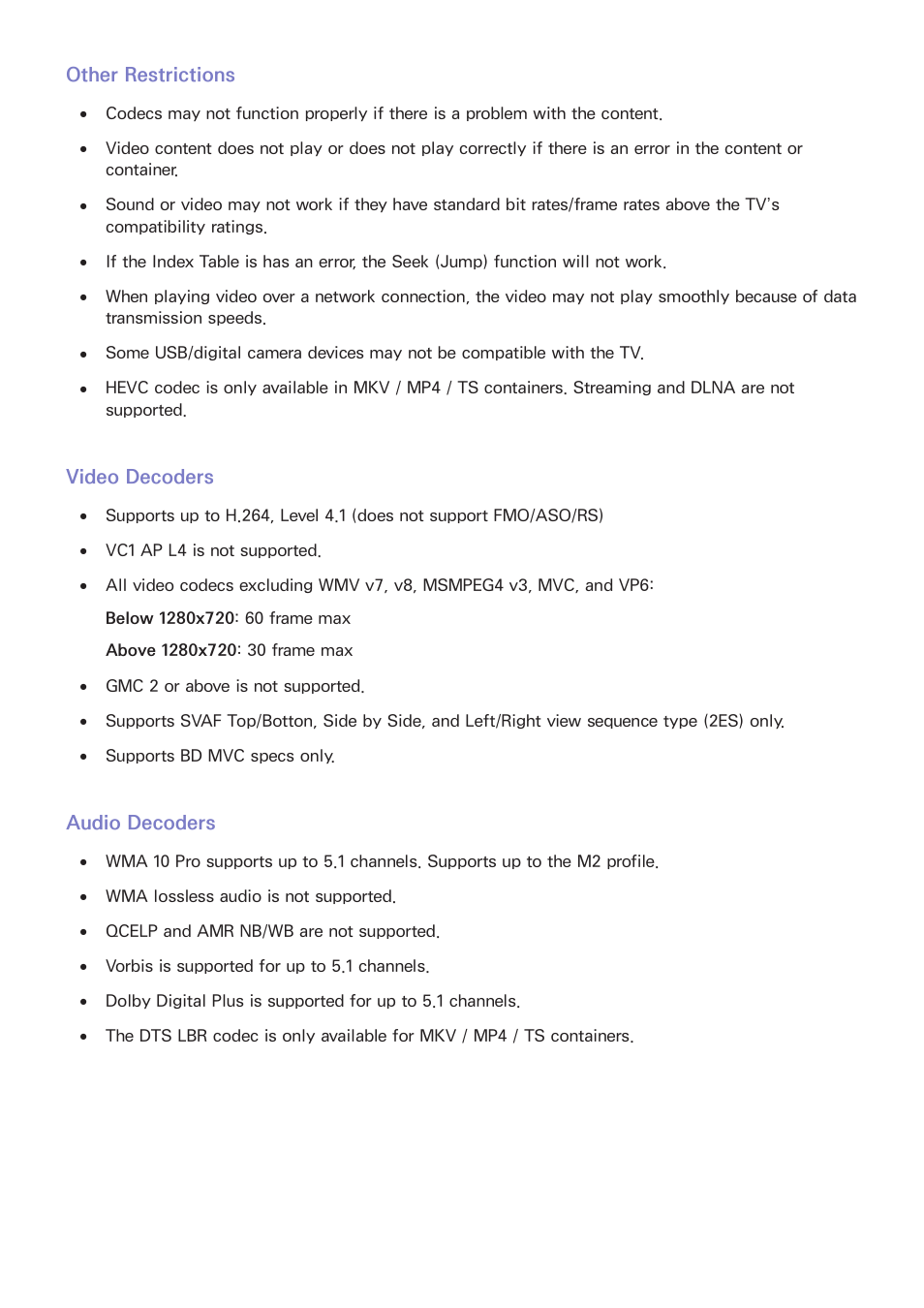 Other restrictions, Video decoders, Audio decoders | Samsung UN65H8000AFXZA User Manual | Page 222 / 230