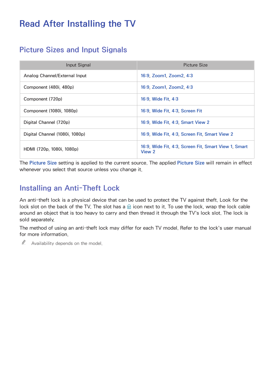 Read after installing the tv, 217 picture sizes and input signals, 217 installing an anti-theft lock | Picture sizes and input signals, Installing an anti-theft lock | Samsung UN65H8000AFXZA User Manual | Page 223 / 230