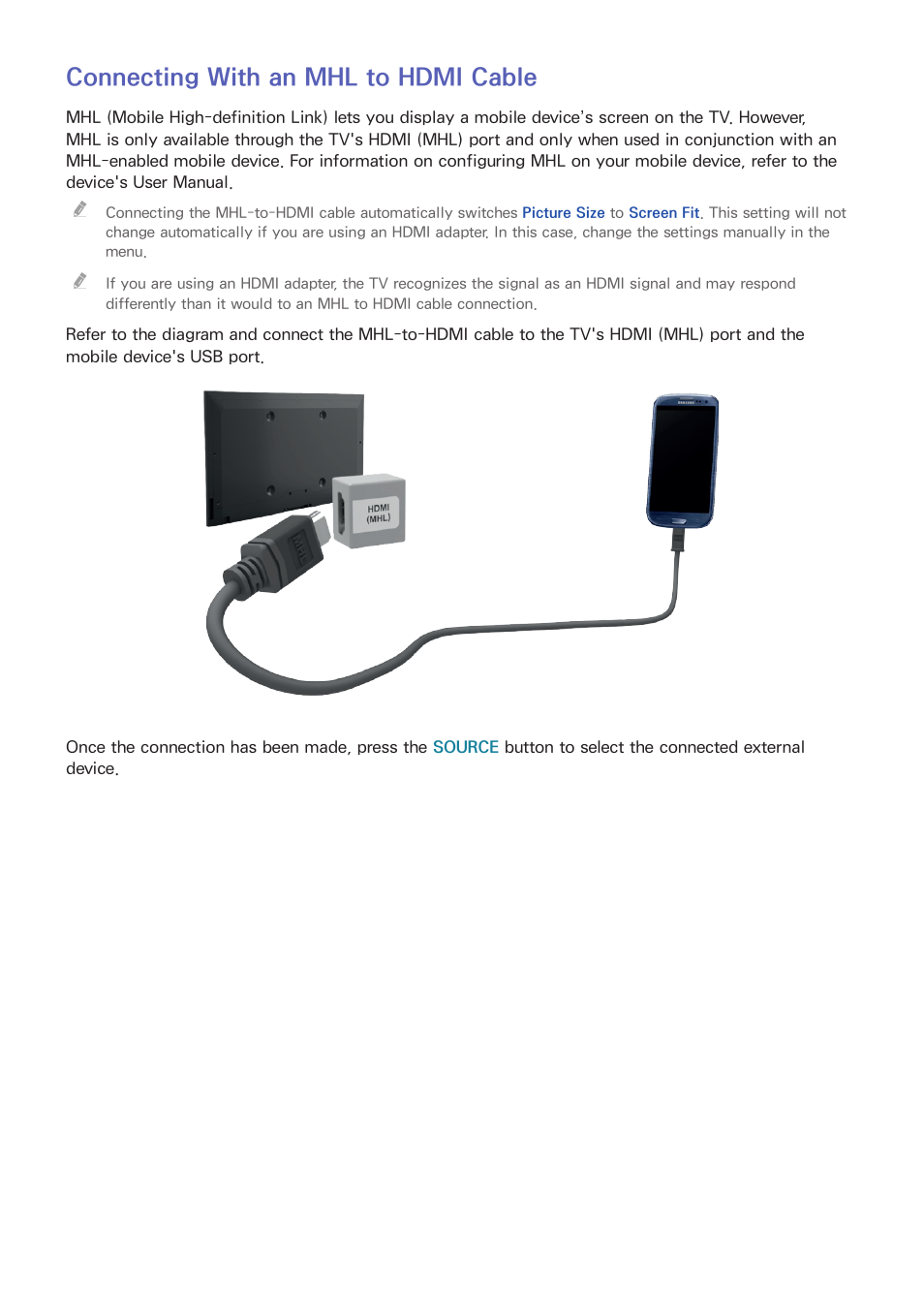 20 connecting with an mhl to hdmi cable, Connecting with an mhl to hdmi cable | Samsung UN65H8000AFXZA User Manual | Page 26 / 230