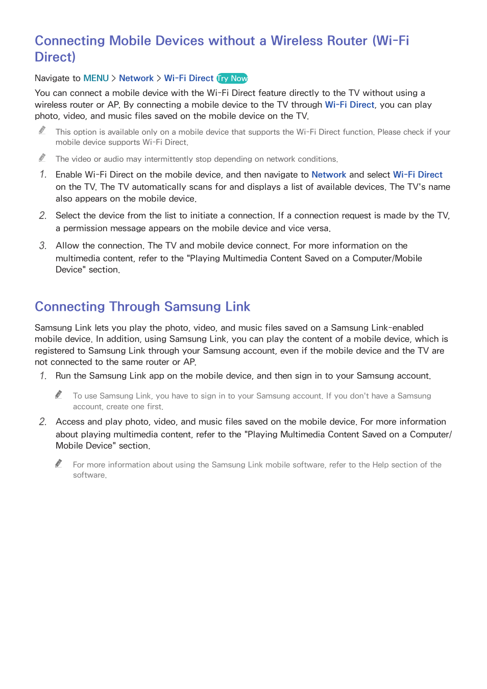 Wi-fi direct), 23 connecting through samsung link, Connecting through samsung link | Samsung UN65H8000AFXZA User Manual | Page 29 / 230