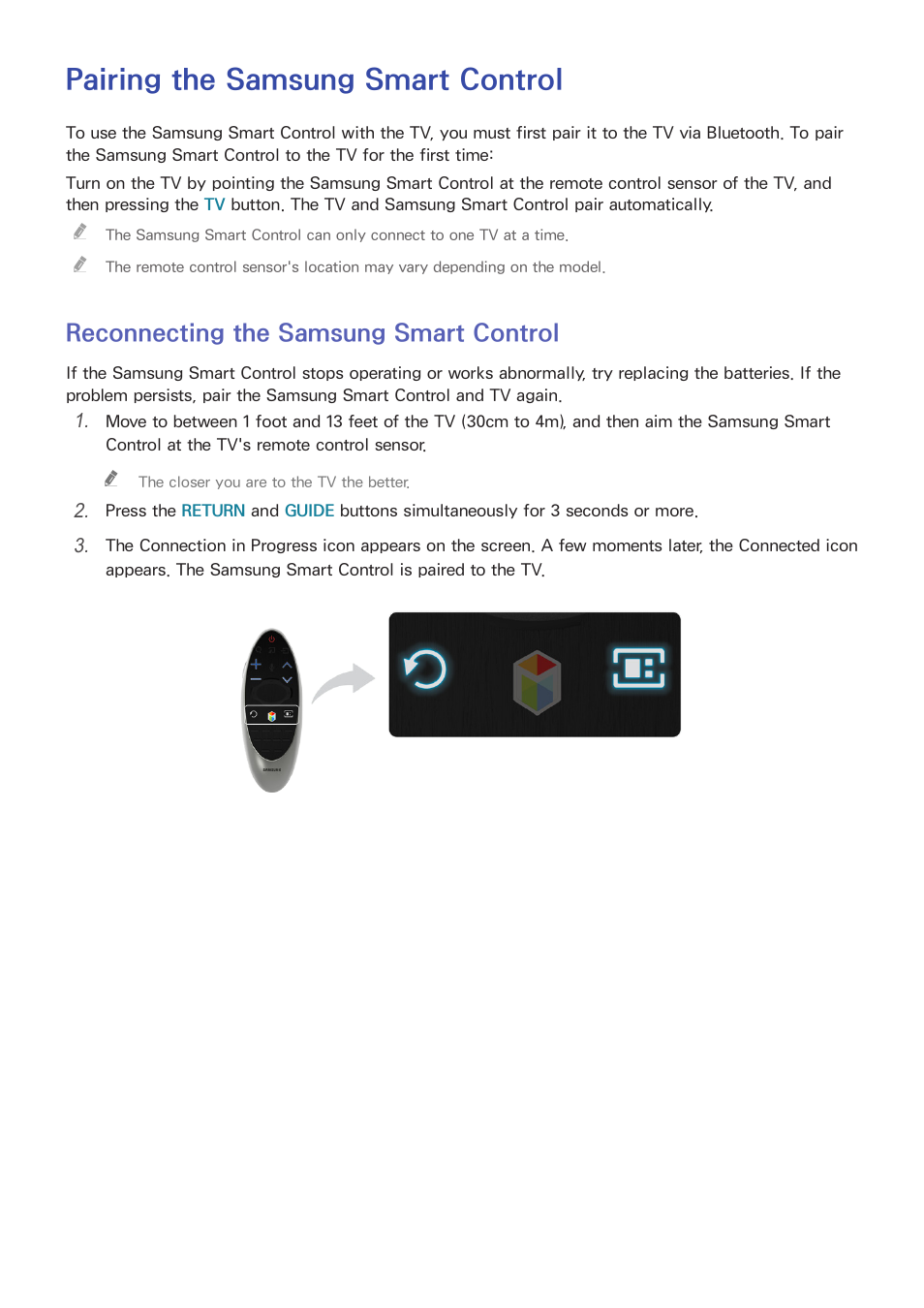 Pairing the samsung smart control, 27 reconnecting the samsung smart control, Reconnecting the samsung smart control | Samsung UN65H8000AFXZA User Manual | Page 33 / 230