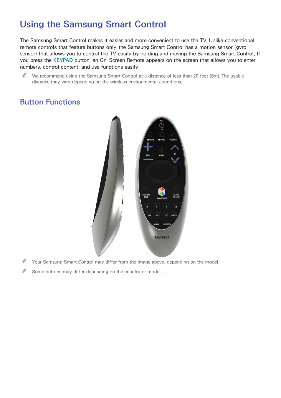 Using the samsung smart control, 28 button functions, Button functions | Samsung UN65H8000AFXZA User Manual | Page 34 / 230