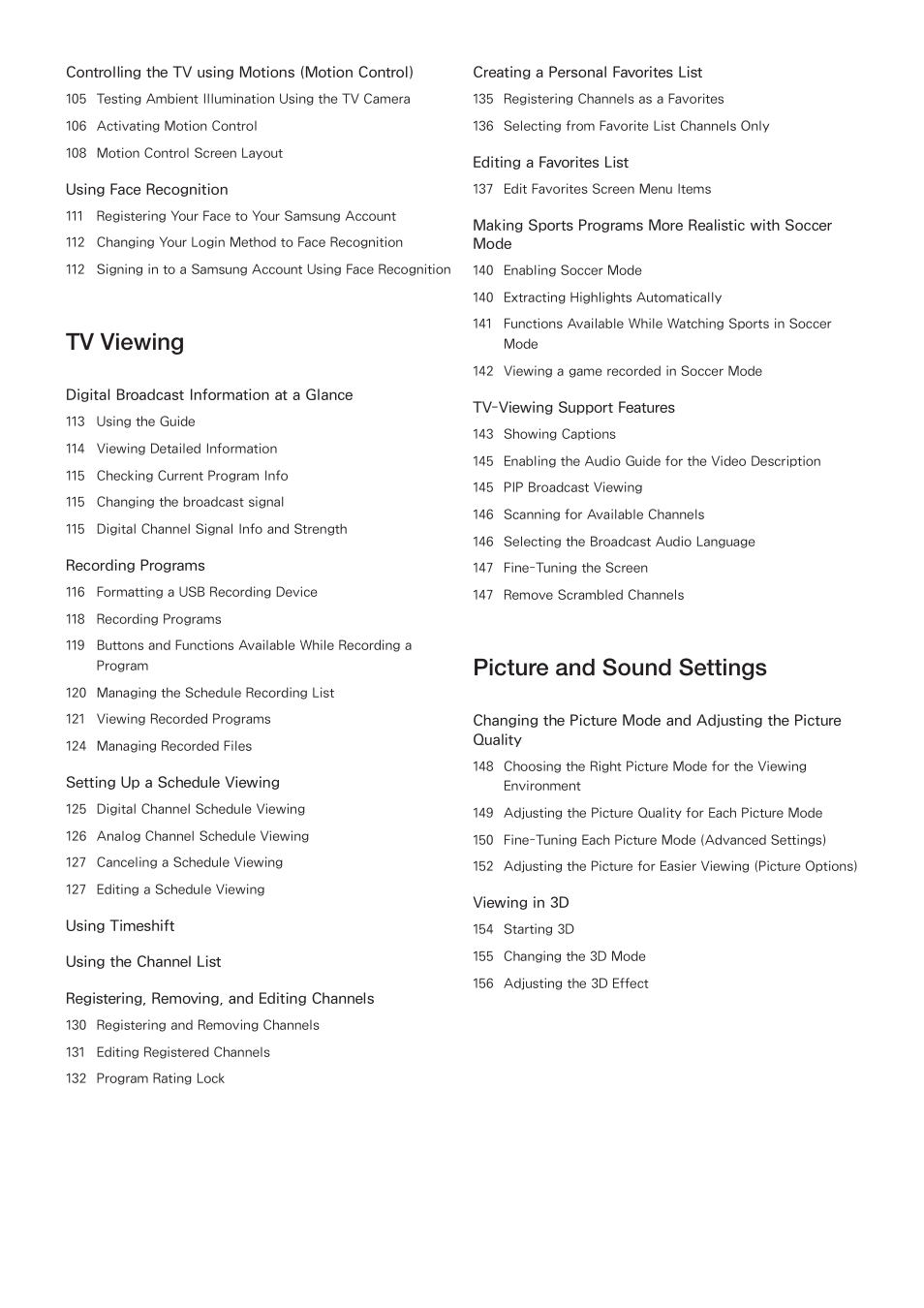 Tv viewing, Picture and sound settings | Samsung UN65H8000AFXZA User Manual | Page 4 / 230