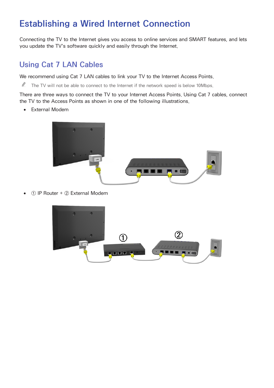 Internet connection, Establishing a wired internet connection, 44 using cat 7 lan cables | Using cat 7 lan cables | Samsung UN65H8000AFXZA User Manual | Page 50 / 230