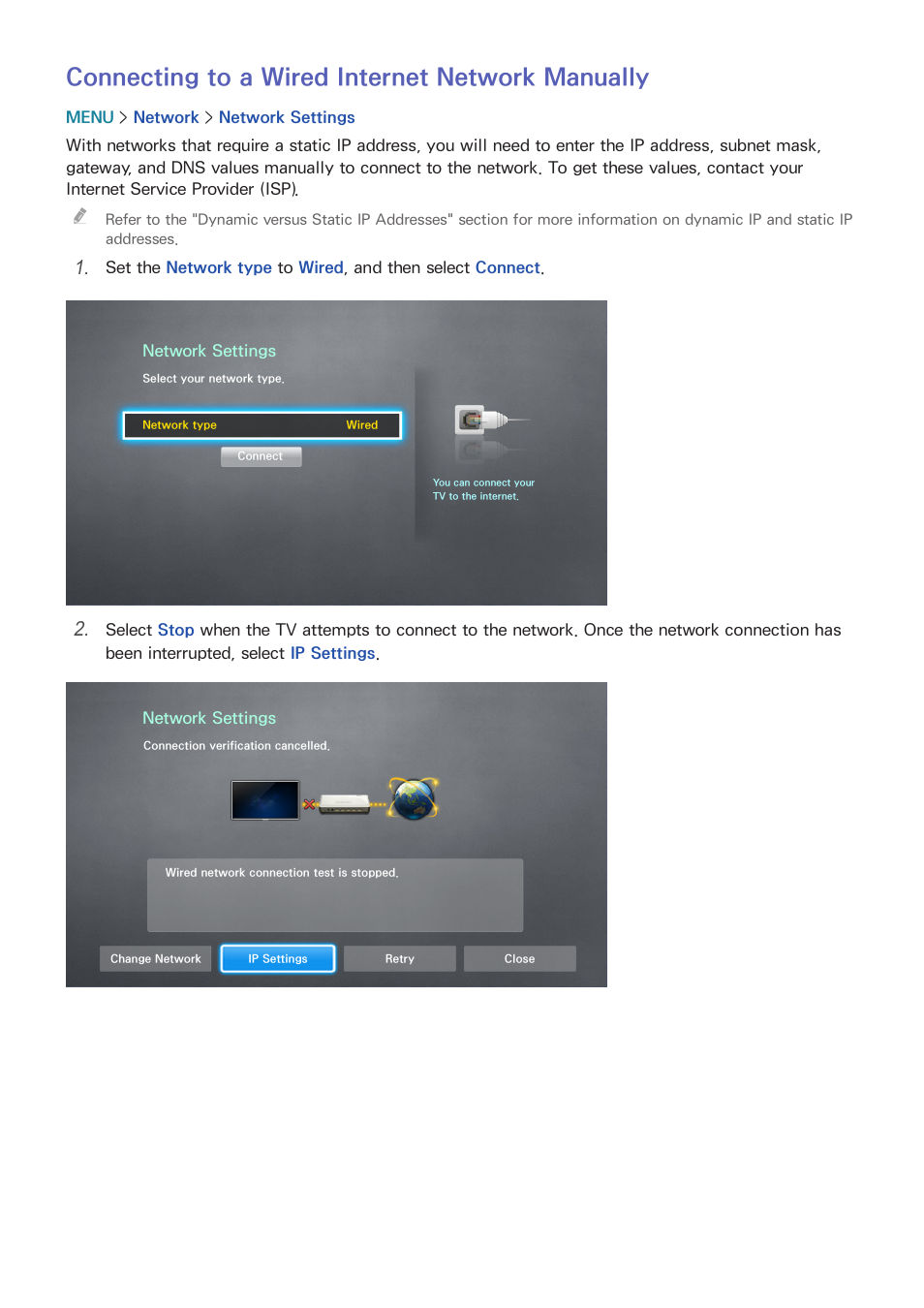46 connecting to a wired internet network manually, Connecting to a wired internet network manually | Samsung UN65H8000AFXZA User Manual | Page 52 / 230