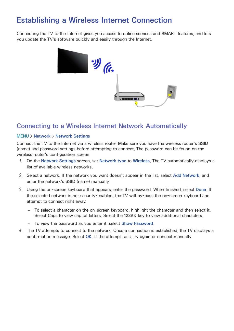 Establishing a wireless internet connection | Samsung UN65H8000AFXZA User Manual | Page 54 / 230