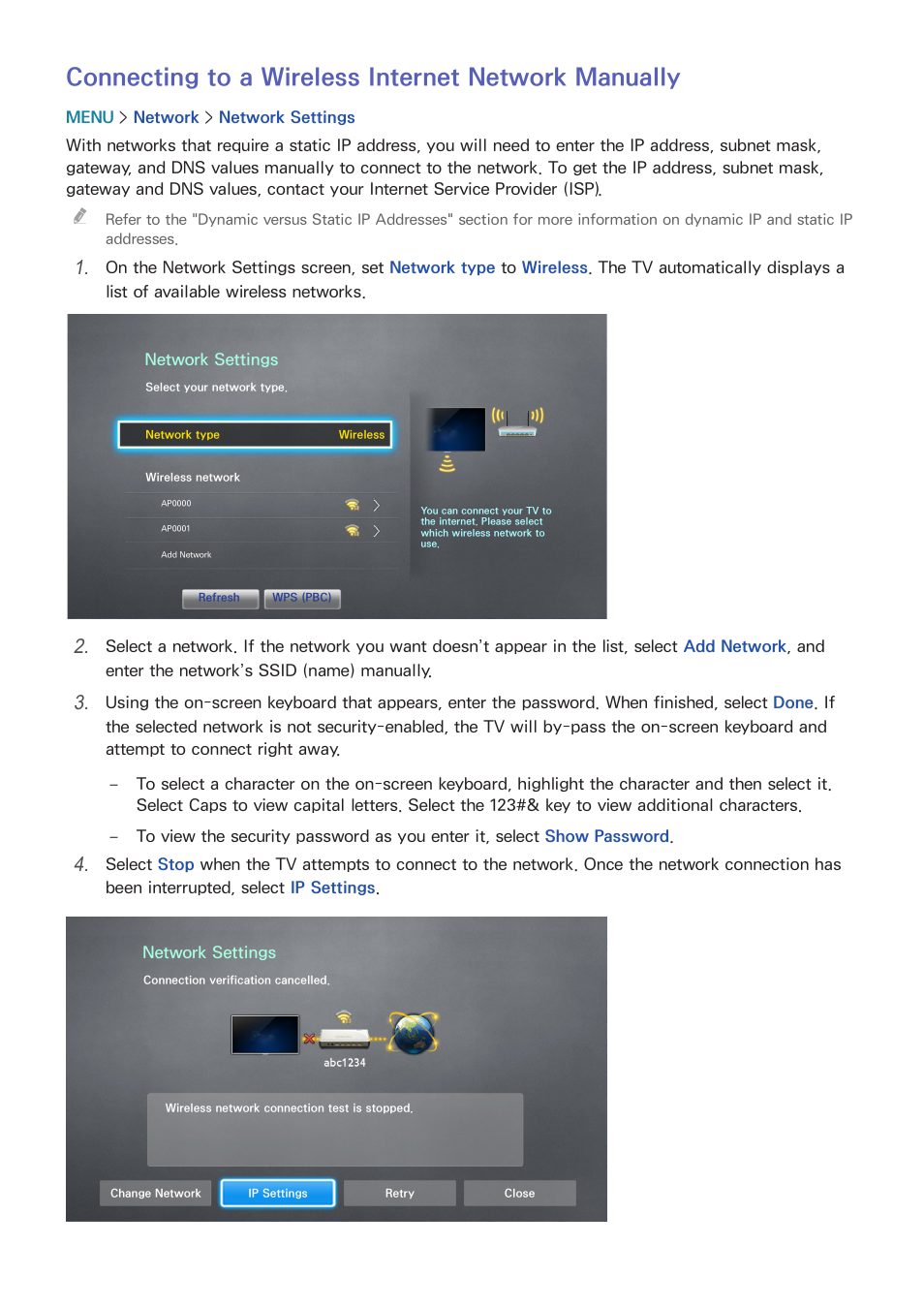 Connecting to a wireless internet network manually | Samsung UN65H8000AFXZA User Manual | Page 55 / 230