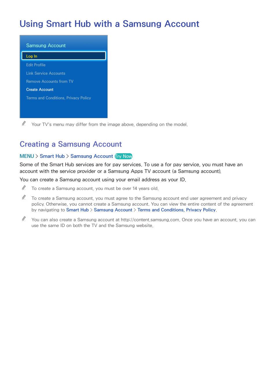 Using smart hub with a samsung account, 60 creating a samsung account, Creating a samsung account | Samsung UN65H8000AFXZA User Manual | Page 66 / 230