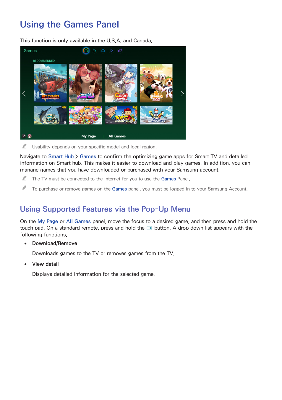 Using the games panel, 65 using supported features via the pop-up menu, Using supported features via the pop-up menu | Samsung UN65H8000AFXZA User Manual | Page 71 / 230