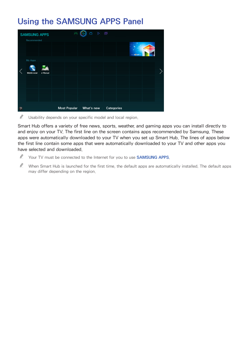 Using the samsung apps panel | Samsung UN65H8000AFXZA User Manual | Page 74 / 230