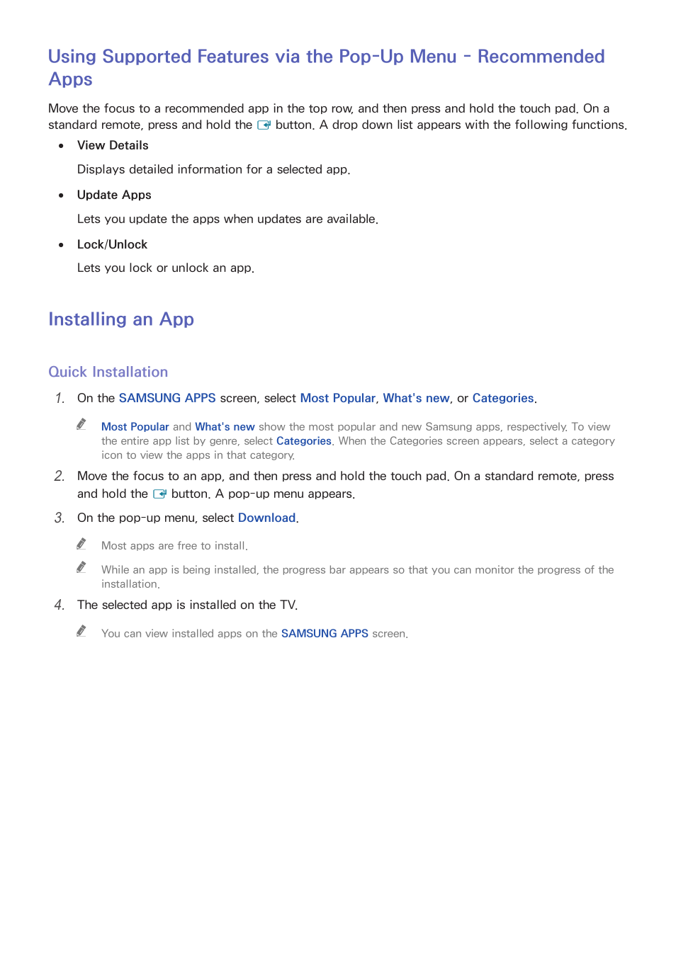 70 using supported features via the pop-up menu, Recommended apps, 70 installing an app | Installing an app | Samsung UN65H8000AFXZA User Manual | Page 76 / 230