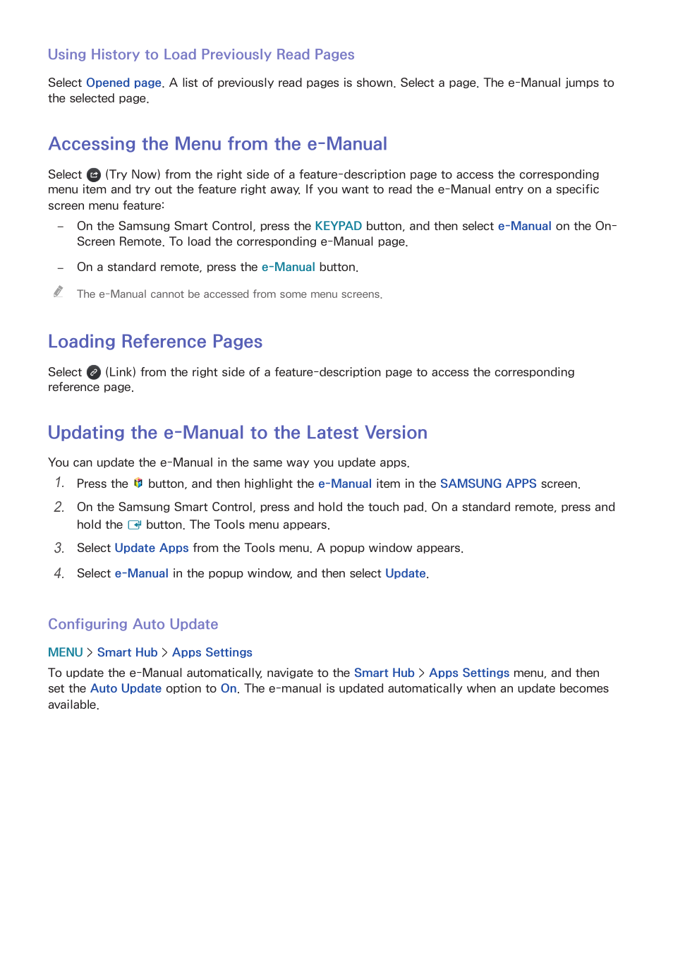 73 accessing the menu from the e-manual, 73 updating the e-manual to the latest version, Accessing the menu from the e-manual | Loading reference pages, Updating the e-manual to the latest version | Samsung UN65H8000AFXZA User Manual | Page 79 / 230