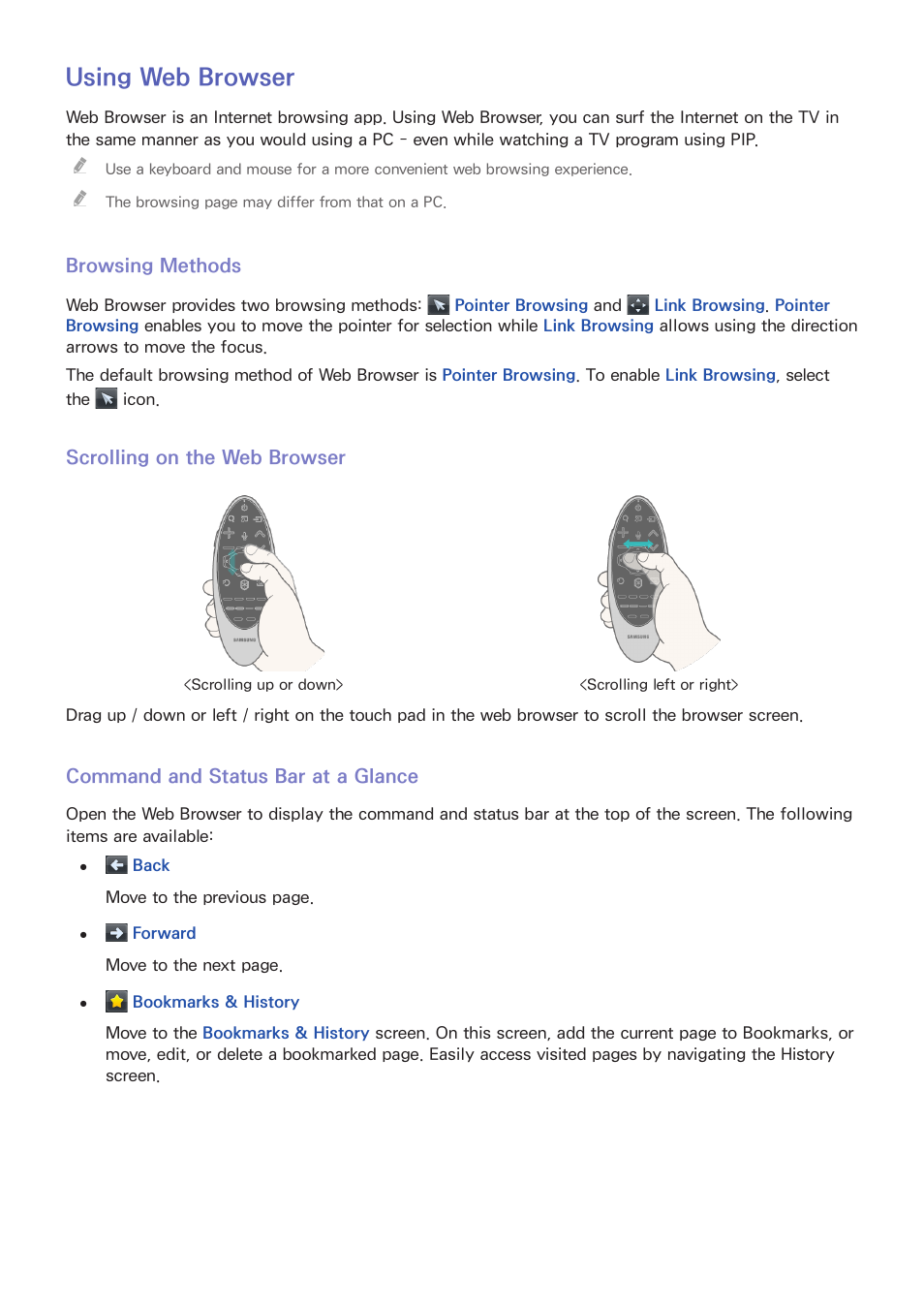 74 using, Web browser, Using web browser | Samsung UN65H8000AFXZA User Manual | Page 80 / 230