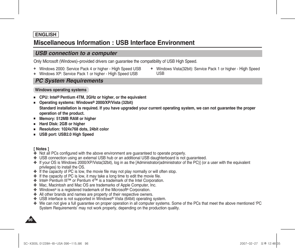 Usb interface environment, Usb connection to a computer, Pc system requirements | Samsung SC-X300L-XAA User Manual | Page 100 / 119