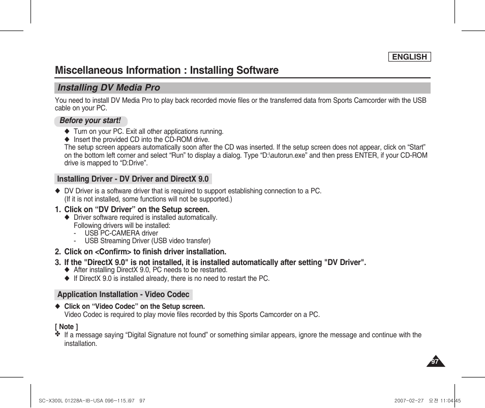 Installing software, Installing dv media pro, Ulead video studio | Miscellaneous information : installing software | Samsung SC-X300L-XAA User Manual | Page 101 / 119