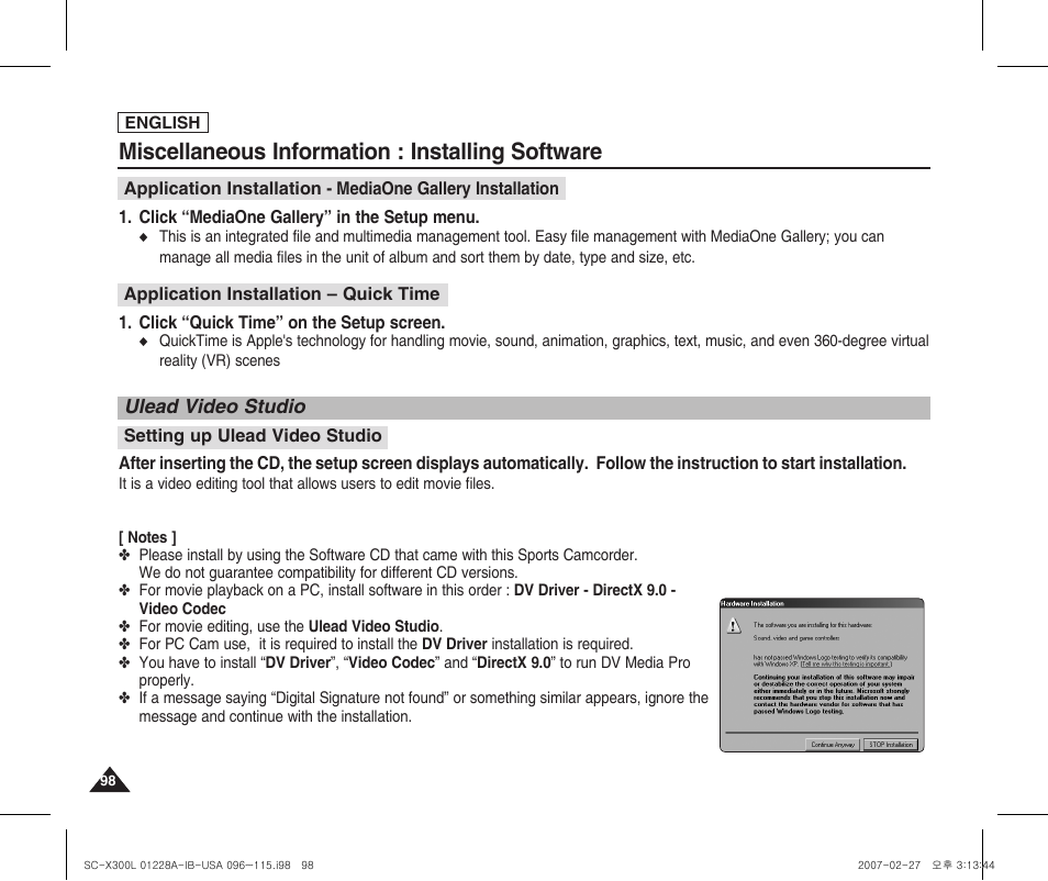 Miscellaneous information : installing software | Samsung SC-X300L-XAA User Manual | Page 102 / 119