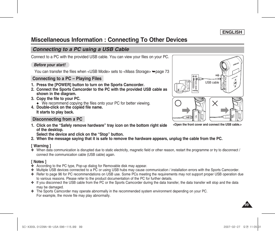 Connecting to other devices, Connecting to a pc using a usb cable, Connecting to a pc – playing files | Disconnecting from a pc | Samsung SC-X300L-XAA User Manual | Page 103 / 119