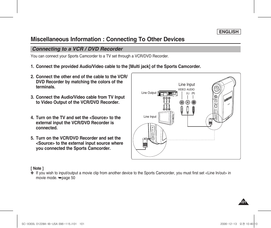 Connecting to a vcr / dvd recorder | Samsung SC-X300L-XAA User Manual | Page 105 / 119