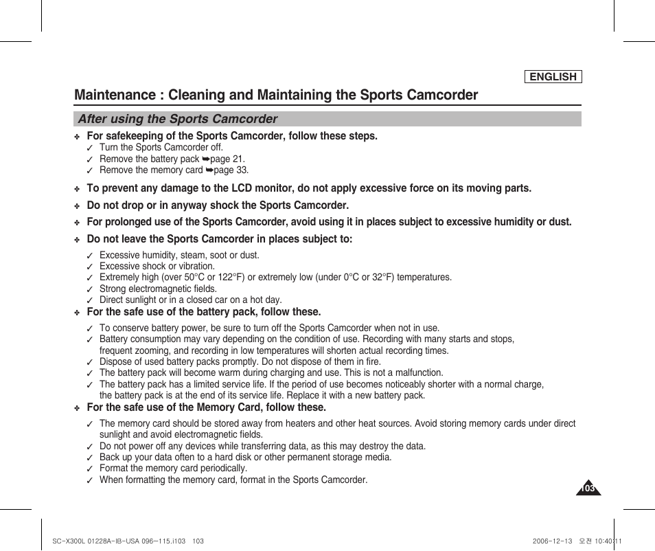 Maintenance, Cleaning and maintaining the sports camcorder, After using the sports camcorder | Samsung SC-X300L-XAA User Manual | Page 107 / 119