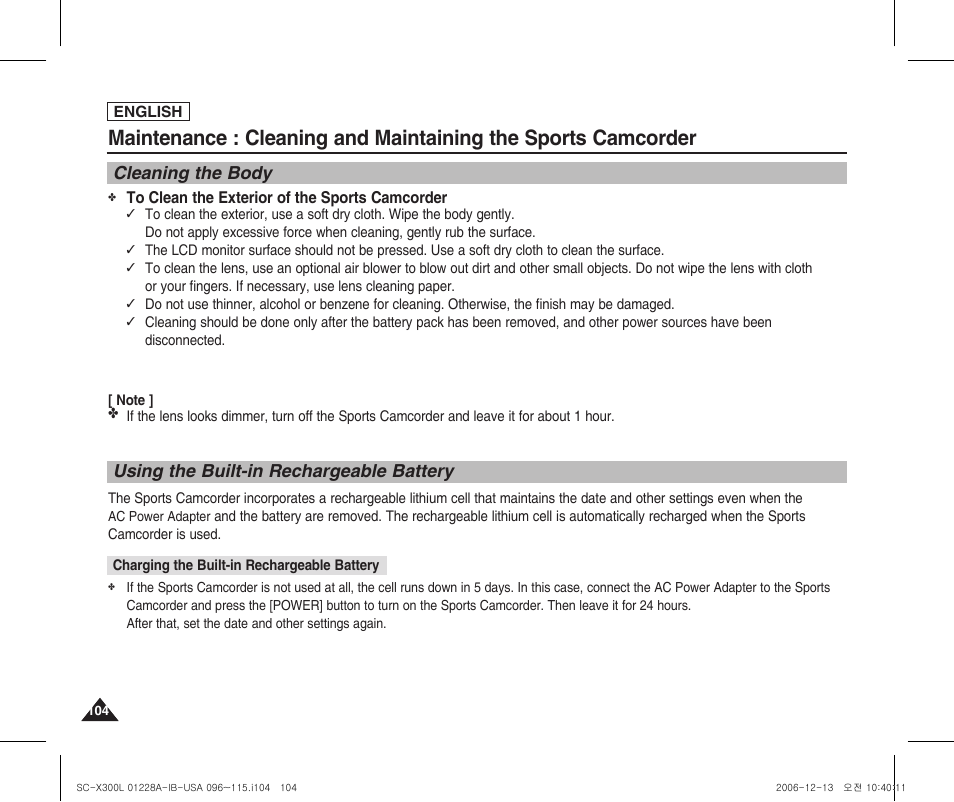 Cleaning the body, Using the built-in rechargeable battery | Samsung SC-X300L-XAA User Manual | Page 108 / 119